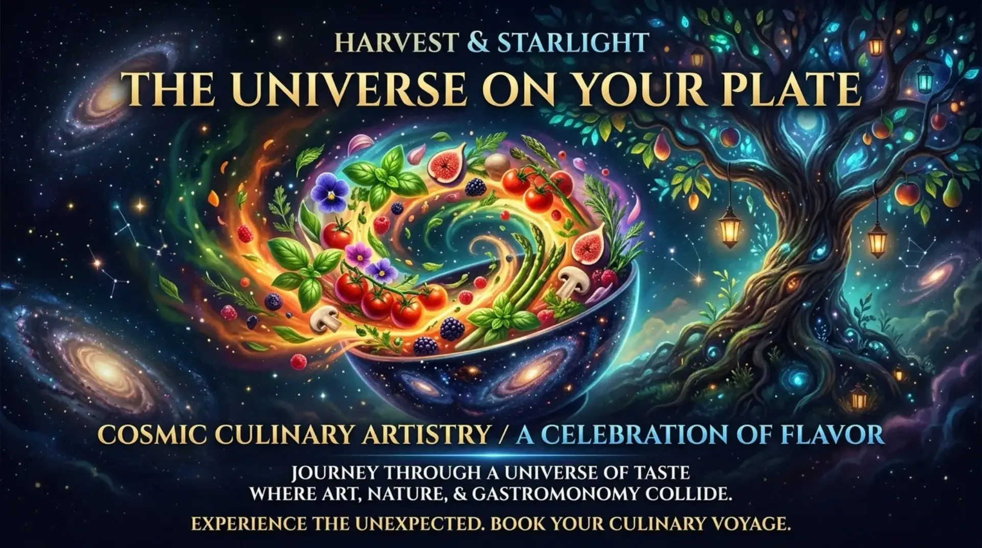 AI-generated cosmic culinary artistry banner for Harvest and Starlight universe-themed dining
