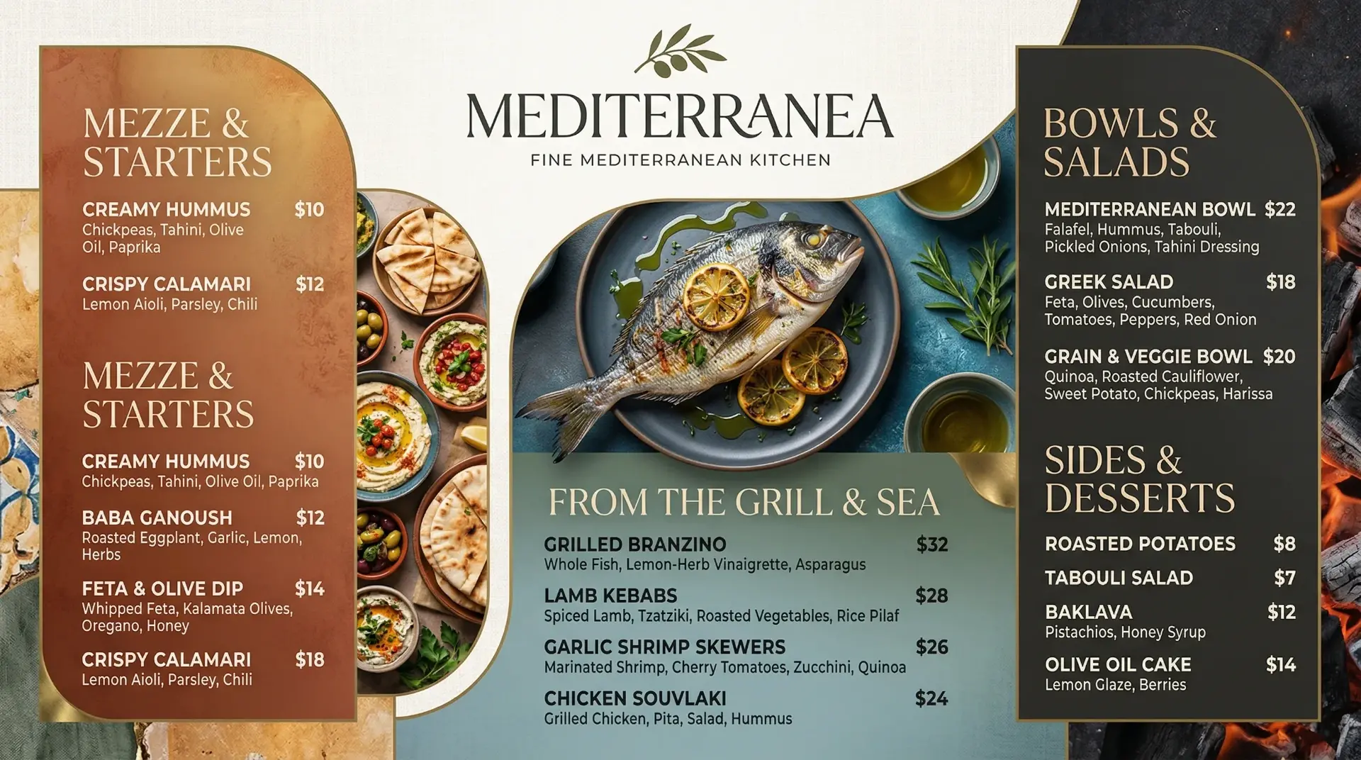 AI-generated Mediterranean restaurant digital menu board with appetizers entrees and desserts created using Screenza