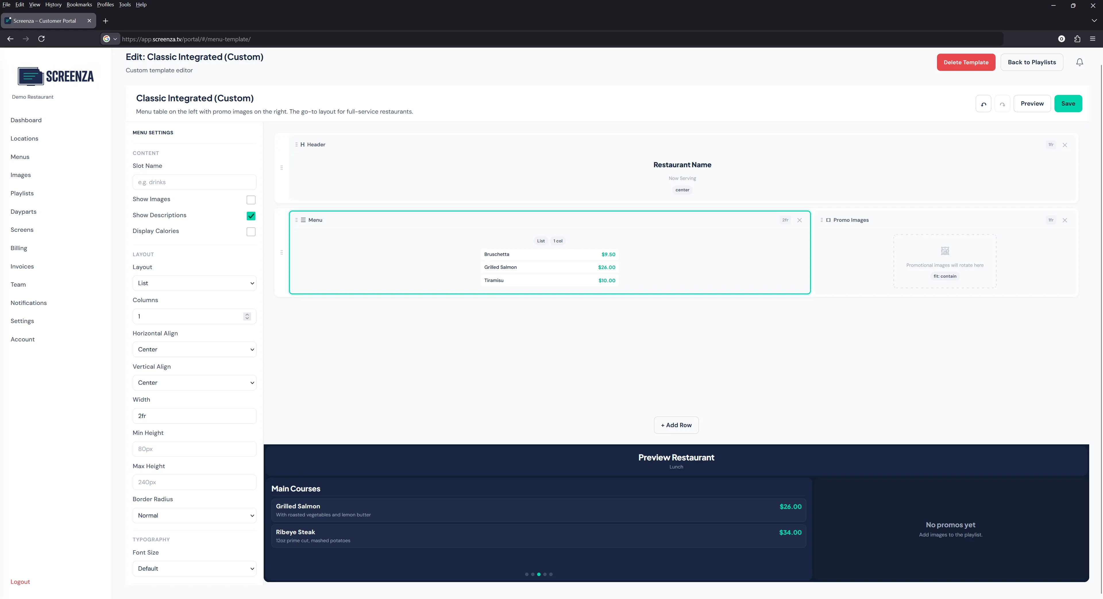 Screenza drag-and-drop menu template builder interface with layout editor and design tools